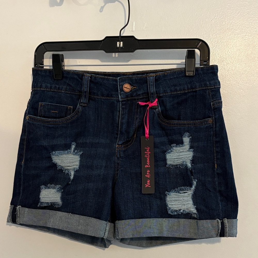 Dollhouse Distressed Dark Wash Cuffed Denim Shorts 5 / 27 NWT - Picture 2 of 9